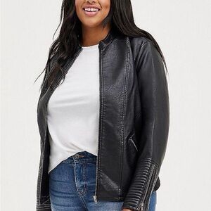 Torrid Black Leather Jacket with Quilted Sleeves